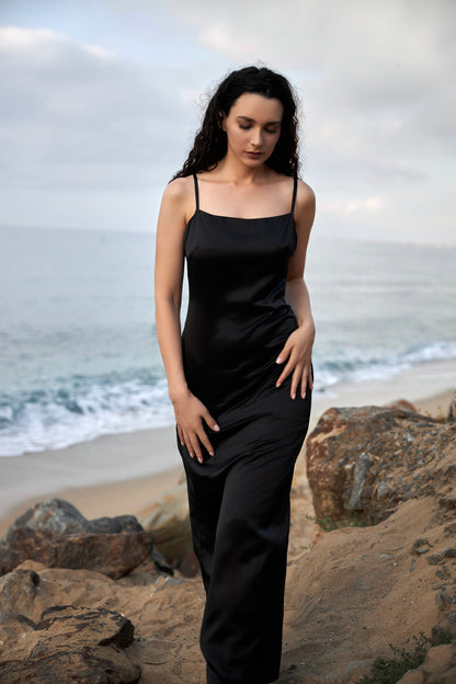 Black silk slip dress