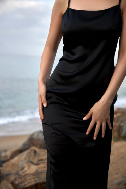 Black silk slip dress