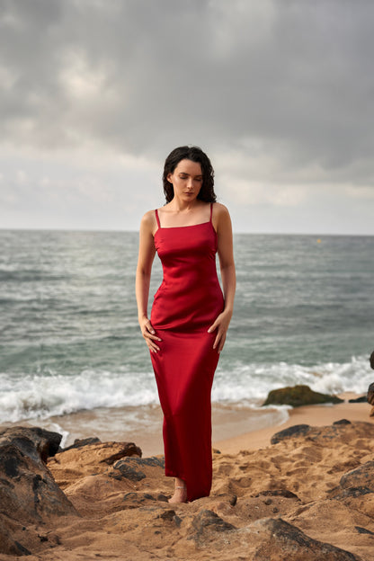 Red silk slip dress