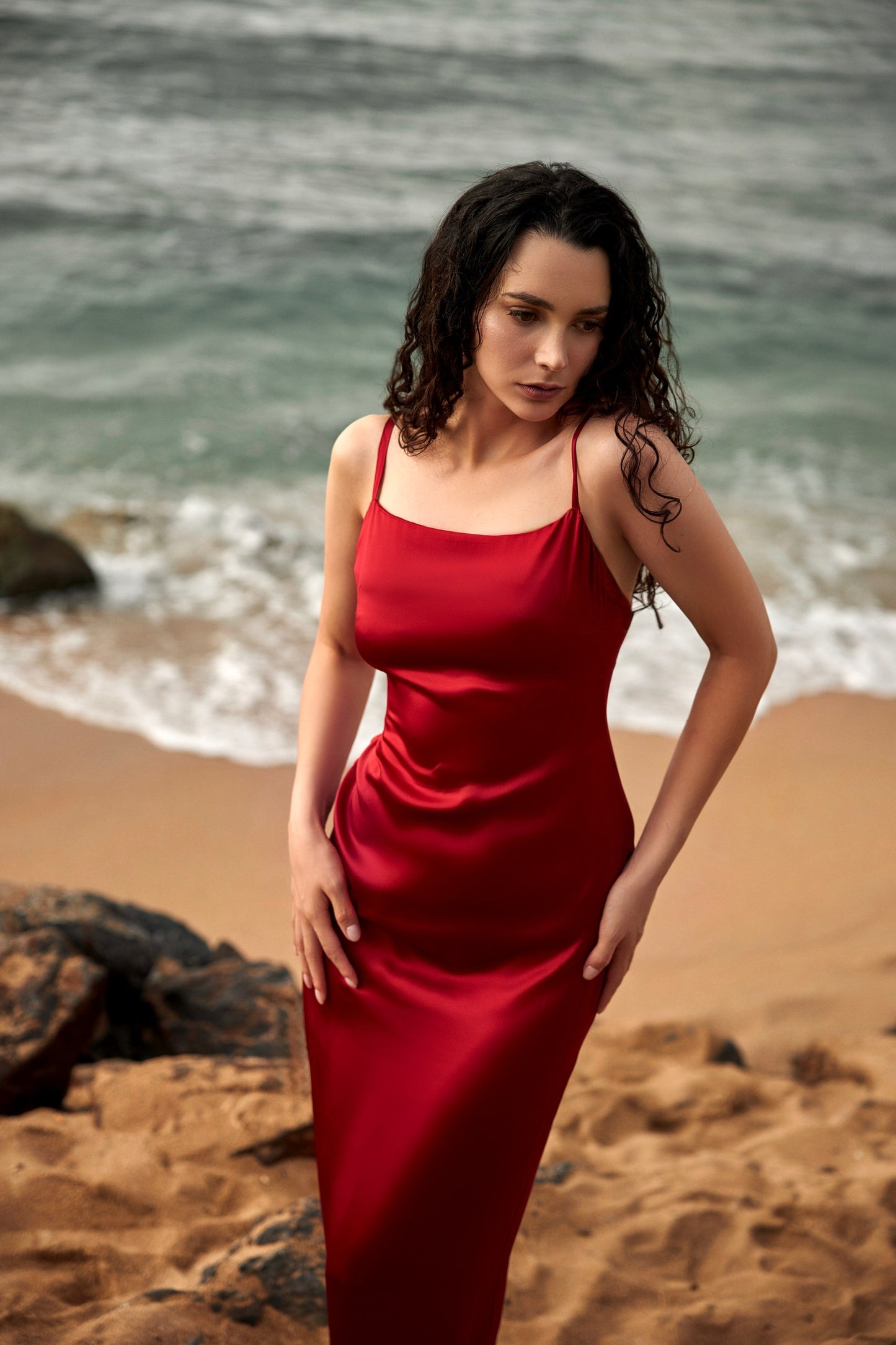 Red silk slip dress
