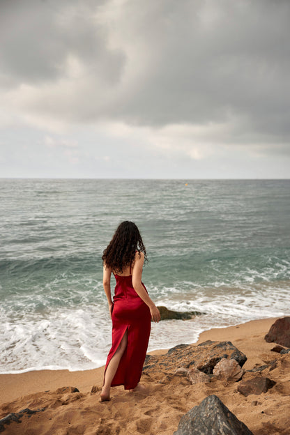 Red silk slip dress