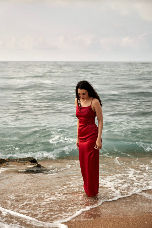 Red silk slip dress