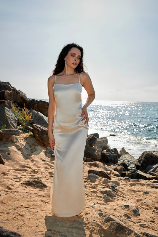 White silk slip dress